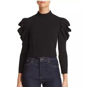 Alice + Olivia Brenna Black Puff-Sleeve Mock Neck Top